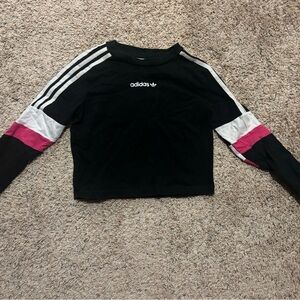 Adidas Black Crop Top with Pink and White Stripes